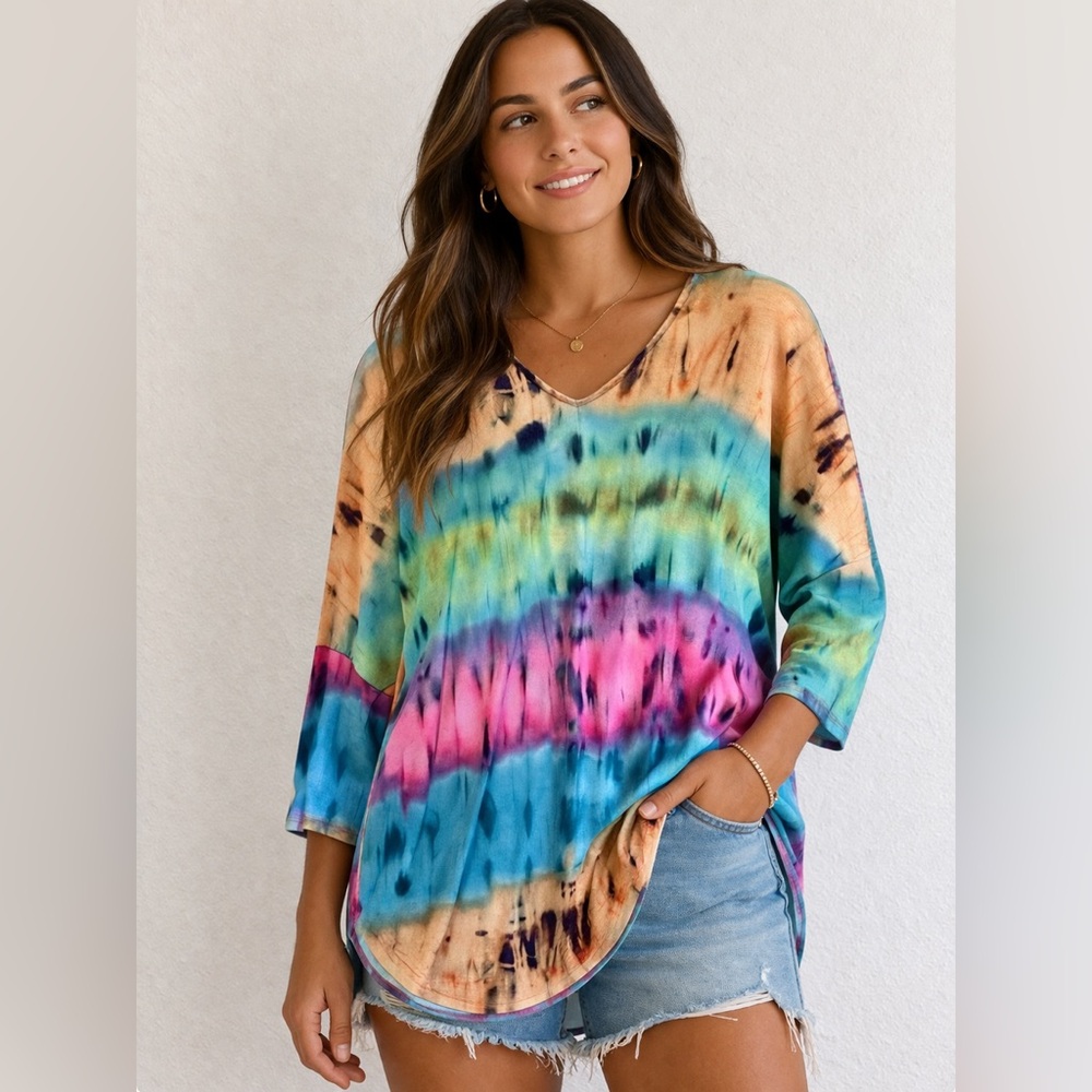 Honeyme Women’s Sz L Blue Tie Dye Dolman Sleeve‎ Rounded Hem Easter Tunic Top